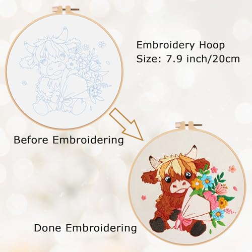 Nuberlic Highland Cow Embroidery Kit for Beginners - color: COW