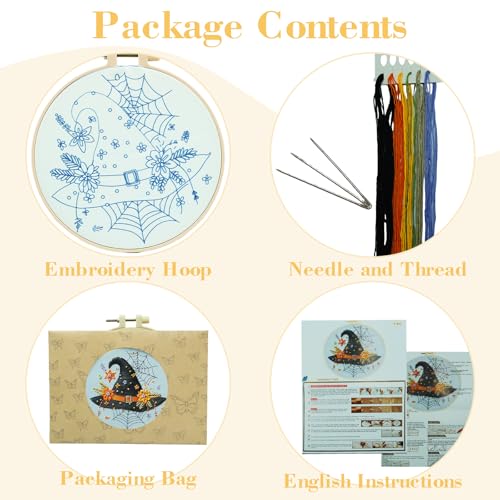 Floral Witch Hat Embroidery Kit Halloween Cross Stitch Material Set with Bat Skull Flower Pumpkin Patterns, DIY Hand Needlepoint Embroidery Craft Kit for Beginners Professional (Haunted House) - color: Haunted House