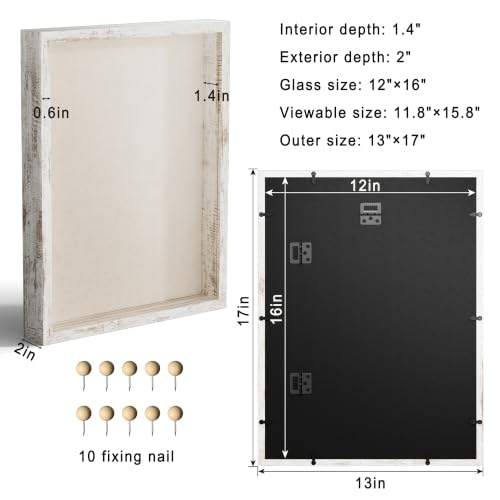 12x16 Large Shadow Box Picture Frame Display Case with Soft Linen Back, Distressed White Wooden Memory Shadow Box Frame with Tempered Glass Cover for Wall Display - color: Distressed White, size: 12x16