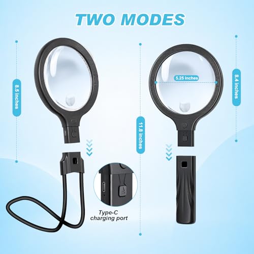 Neck Magnifying Glass with Light for Close Work,Handheld Neck-Wear Magnifier Neck Light for Reading Books, 5X/10X Magnifiers for Seniors Repairing Reading Sewing