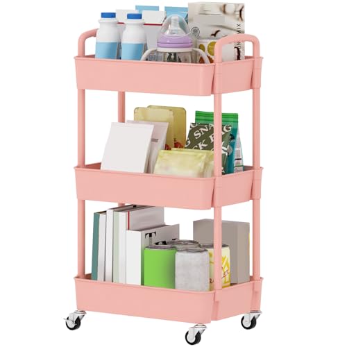 Sywhitta 3-Tier Plastic Rolling Utility Cart with Wheels for Storage, Pink - color: Pink, size: 3-tier