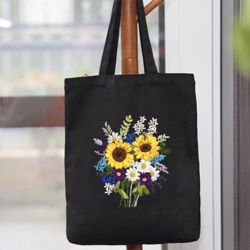 KABAKE Canvas Tote Bag Embroidery Silk Ribbon Kit for Beginners, Arts and DIY Crafts Starter Kit, Includes Stamped Bag, Threads, Tools (Black with Sunflower) - color: Black Bag with Sunflower