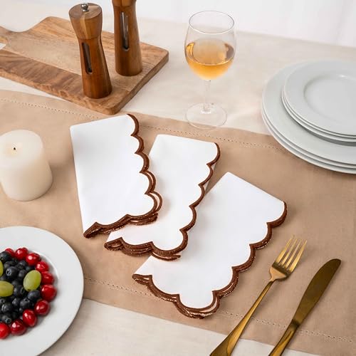 Blue Needles Cotton Scalloped Embroidery Cloth Napkins 17X17Inch - Set of 4 - color: Half White(edges - Nut Brown)