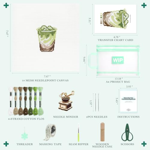 Kaitiaki 18 mesh Needlepoint Canvas Kit, 8 in Painted Canvas Set with Embroidery Floss, Needles, Guide Card, Instruction, Threader, Scissors & Project Bag for Crafter Gift(Matcha) - color: Matcha Latte, size: 18 mesh