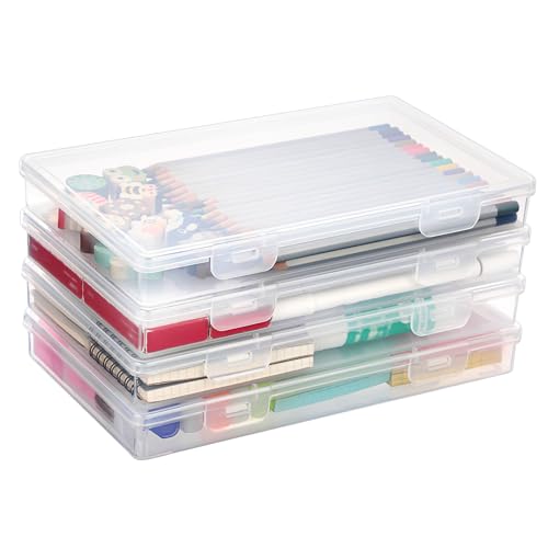 BTSKY Clear Plastic Storage Box with Flap Lid, 4 Pack - 9.8"x5.9"x1.2" - size: Medium Small-4 Pack