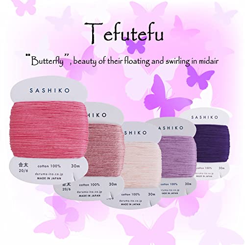 DARUMA Sashiko Thread 100% Cotton Card Type (32.8 yd) x 5 Colors with English Manual, Sewing & Embroidery Value Set with Gift Package(Thick, Tefutefu) - color: Tefutefu, size: Thick