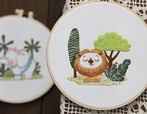 Ebherys Level 1 Embroidery Kits for Beginners and Adults, Different Animals Pattern, 1set as a Pack, inculde 1 Hoop, Instruction and Enough Threads, Easy and Basic Stitches (Lion) - color: Lion