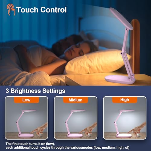 Akejrym LED Desk Lamp for Office Home & Battery Operated Lamp Rechargeable Lamp Foldable & Portable Light, [2-Fold Bracket] 3 Brightness Dimmable Small Desk Lamp Wireless Reading Lamp (Pink) - color: Pink
