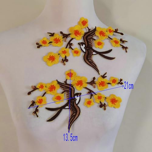 1pair Quince Sakura Flower Embroidery Iron On Applique Patches (Yellow) - color: Yellow