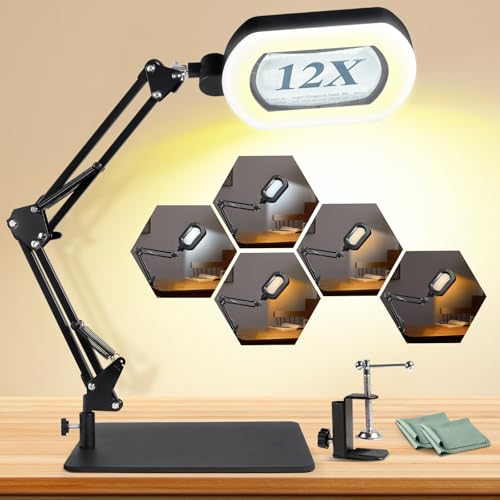 12X Magnifying Glass with Light and Stand, 144 LED Lighted Magnifying Lamp