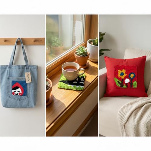 Nytale Punch Needle Kit for Beginners - DIY Coaster Rug Hooking Set (Little Red Riding Hood). Includes Non-Slip Rubber Hoop, Yarn, Tools & Video Guide. Fun Craft Gift Box (Set of 4) - color: Little Red, style: Modern