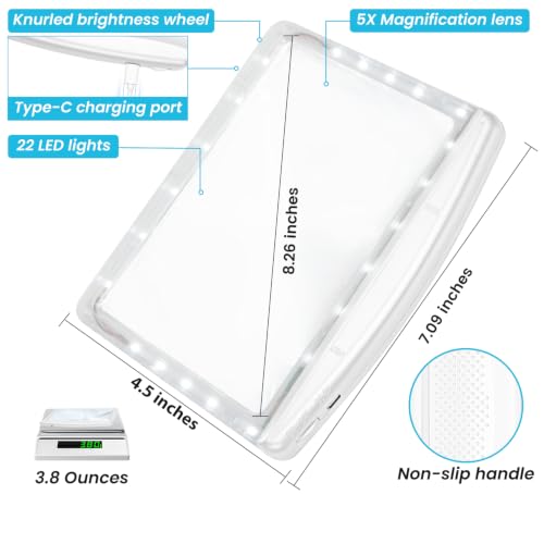 Rechargeable 5X Magnifying Glass for Reading, Large Bright Full Page Magnifier with Light, Handheld LED Dimmable Lighted, Lightweight Book Magnifier for Reading Small Prints Seniors - White - color: White