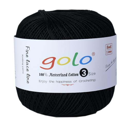 golo Crochet Thread Size 3 Yarn for Hand Knitting Crochet Yarn for Crocheting Black Yarn 901 - color: Black