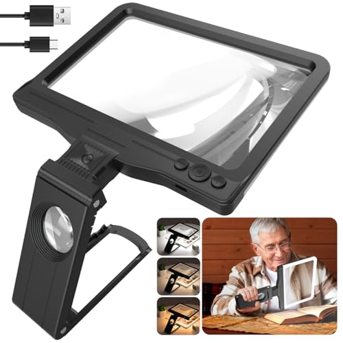 30X 5X Rechargeable Magnifying Glass for Reading, Large Full Page Magnifier with Folding Stand, 3 Color Light Modes, Dimmable LED Lighted, Hands Free Book Magnifier for Fine Prints Low Vision Seniors