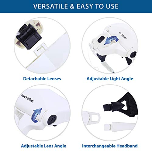 YOCTOSUN Magnifying Glasses with Light, LED Head Magnifier with 5 Lenses, Headband, Storage Case, Hands Free Lighted Head Magnifying Visor for Close Work Hobby Crafts - style: Head Magnifier with 2 LED Lights & Storage Case