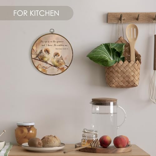 Fewgb Vintage Christian Sparrows Birds Round Wall Art Decor Framed for Bedroom, His Eye Is on the Sparrow Canvas Wall Art Prints Picture, Beige Fall Bible Verse Scripture Matthew Hanging Decor Artwork 10x10 - color: eye