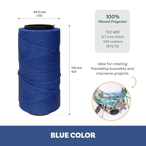The Beadsmith Knot It Waxed Polyester Cord – Blue Color – 0.7mm Diameter – Light Wax, 144 Meters (472 Feet) Per Spool – Make Jewelry, Macrame, Friendship Bracelets and DIY Crafts - color: Blue