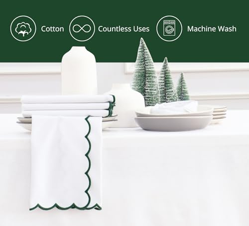 PurpleEssences Scalloped Cloth Napkins 18x18 in - White Edges Forest Green - color: White(edges- Forest Green)