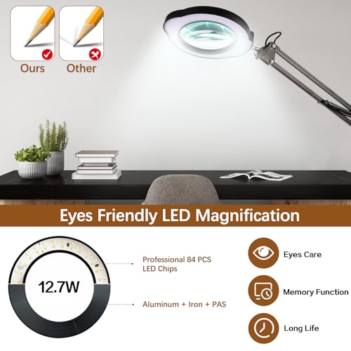 12X Magnifying Glass with Light and Clamp, 84 LEDs Real Glass Lens Magnifying Lamp for Close Work, Repair, Reading, Craft（Top Button） - color: Black 2