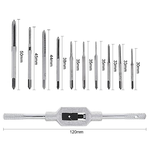 11pcs Mini Tap Wrench Set Metric Tap Set with High Speed Steel Hand Screw Thread Plug Taps M1 M1.2 M1.4 M1.6 M1.7 M1.8 M2 M2.5 M3 M3.5 Adjustable Tap Wrench for Woodworking Machinery Repair
