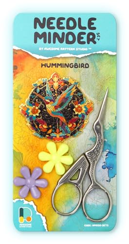 Awesome Pattern Studio Needle Minder Set – Hummingbird Magnetic Needle Minder + 2 Needle Threaders + Crane Scissors. Enamel Pin for Cross Stitch, Embroidery and Craft - size: Hummingbird Set #2