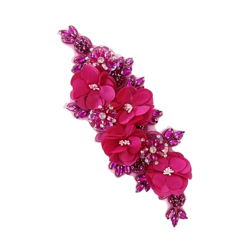Handmade 3D Flower Embroidery Applique Rhinestone Lace Patches, Rose Red - color: Rose Red