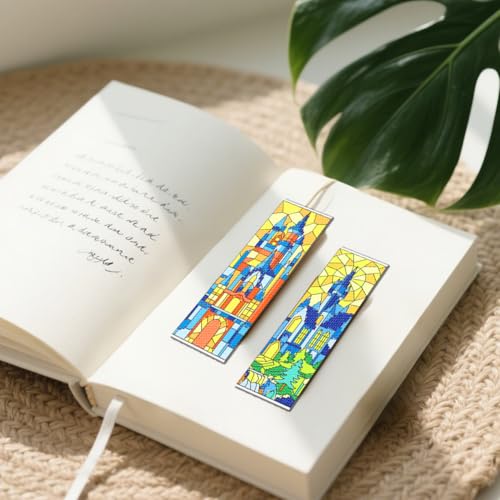 FREEBLOSS 6 Set Cross Stitch Bookmark Kit 11 CT Stamped Cross Stitch Kit DIY Embroidery Bookmark Kits for Adult Beginners with Instructions, Stained Glass Castle Pattern, 6 x 20 cm/8" x 2.4" - style: Colored Glass Castle