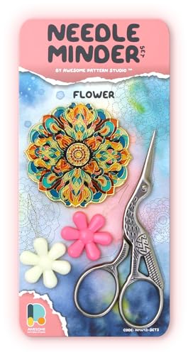 Awesome Pattern Studio Needle Minder Set - Flower Magnetic Needle Minder + 2 Needle Threaders + Crane Scissors. Enamel Pin for Cross Stitch, Embroidery and Craft - size: Flower Set #2