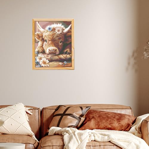 FREEBLOSS Cross Stitch Kit Highland Cattle Stamped Cross Stitch Kit Cross Stitch Wall Hanging for Adults with Instructions Pure Cotton Cloth Cross Stitch for Beginnrs 15.7 * 19.7'' No Frame