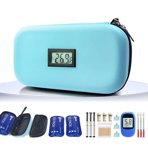 Insulin Cooler Travel Case TSA Approved 2*180g Ice Pack,Temp Display - color: Light Blue