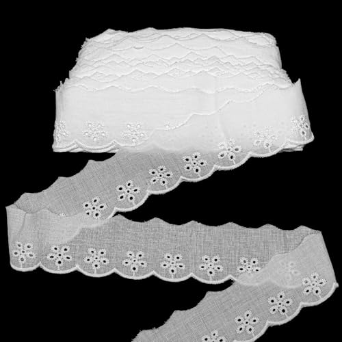 15 Yards Eyelet Lace Trim, 1-5/8 Inch White Cotton lace Trim, Floral Embroidery Ruffle Ribbon with Wavy Edge for Sewing Dresses Clothes Bags Pets DIY Projects