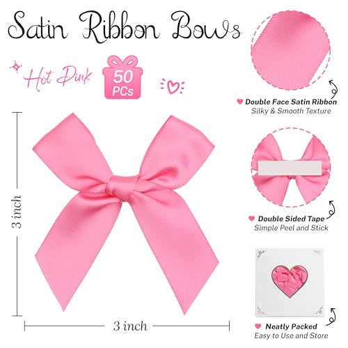 Self Adhesive Hot Pink Satin Ribbon Bows for Crafts 3" (50 Pack) - color: Hot Pink