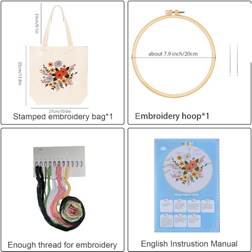 Huacan Embroidery Canvas Bag Kits for Adults Beginner Stamped Flowers Pattern DIY Cross Stitch Printed Flower Stitching Sewing Kit - color: Flower 1