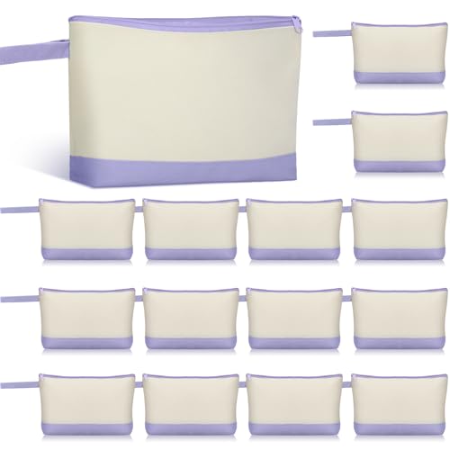 Silkfly 15 Pcs Cotton Canvas Makeup Bags Cosmetic Zipper Bags 10.2 x 5.5 x 2'' Blank DIY Pouch Bulk Pencil Case with Bottom Travel Toiletry Pouch for Women Craft Decor Gift (Beige and Light Purple) - color: Beige and Light Purple