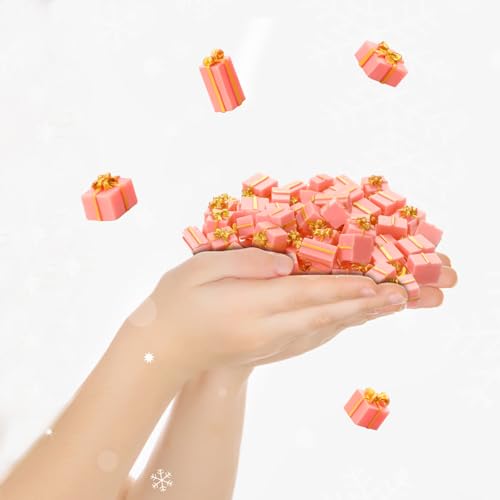 Bucherry 50 Pcs Christmas Miniature Resin Gift Boxes Pink and Gold Mini Christmas Ornaments Xmas Miniature Figurines Charms for Craft DIY Garden Accessories - color: Pink and Gold