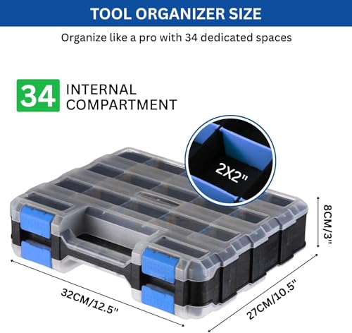 Andalus Tools Organizer Box, Small Parts Storage 34-Compartment Double-Sided Portable Hardware Organizer Removable Plastic Dividers for Screws, Nuts, Bolts, Nails – Blue (1 Pack, 12.5" x 10.5" x 3") - color: Blue, size: 1 Pack
