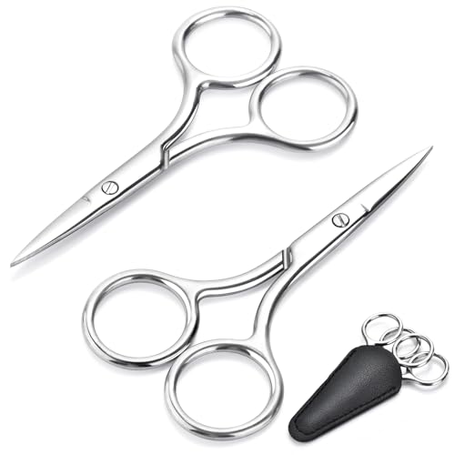 2-Pack Small Scissors, Professional Eyebrow & Facial Hair Scissors - Stainless Steel Precision Grooming Kit for Women & Men | 3.5” Straight Tip for Eyebrows, Beard, Nose, Mustache & Ear Hair Scissors - color: 2 Sharp-pointed