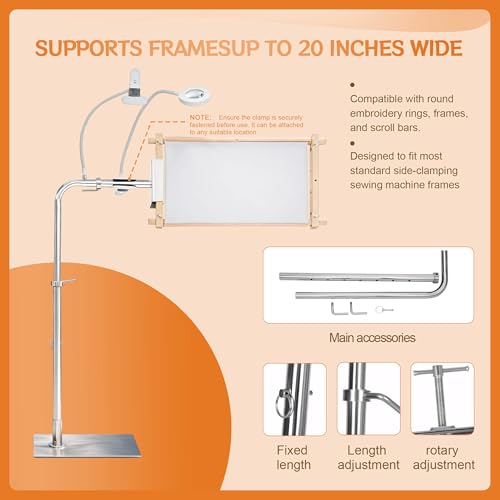 Needlepoint Stand, Adjustable Embroidery Stand & Cross Stitch Floor Stand with Lighted Magnifier, Heavy Duty Metal Frame Stand Holder for Hoops, Q-Snap & Scroll Rods up to 20" Wide