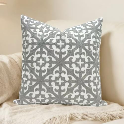 SLOW COW Embroidered Throw Pillow Cover 18 x 18 Inch Grey - color: Grey Farmhouse Flower, size: 18" x 18" (Pack of 1)