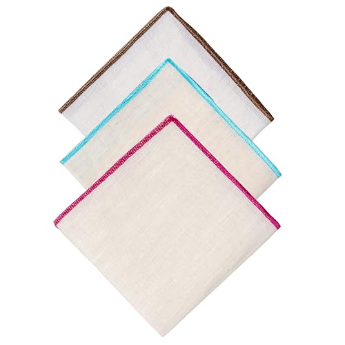 Natural Linen Pocket Squares, Embroidered Contrast Border 3 pcs, Off white - color: A7 (3-pack)
