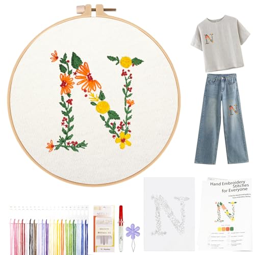 Topapfo Letter N Stick and Stitch Embroidery Patterns Kit for Clothes, Alphabet EmbroideryStabilizers for Beginners Adults Water Dissolve for Clothing Jeans T-Shirts Tote Bags Crafts - color: N