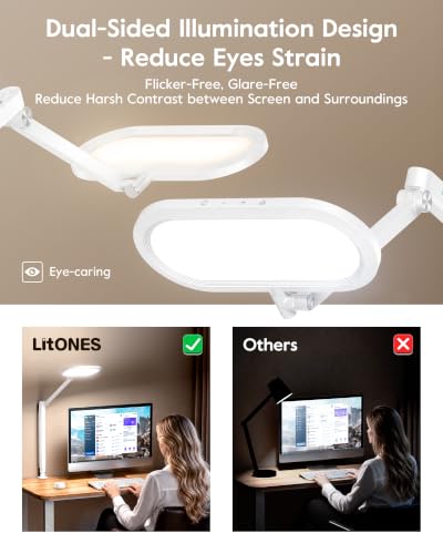 LitONES LED Desk Lamp with Clamp and Stepless Remote, Dual-Sided Soft Light - color: White