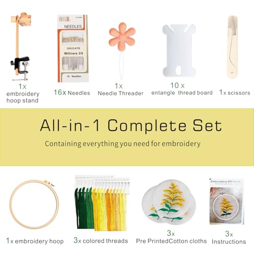 Wooden Adjustable Rotatable Embroidery Hoop Stand, No‑Assembly Holder with Inner Groove Anti‑Slip Design, Bonus Tools: Floral Patterns, Hoops, Scissors, Threader & Floss