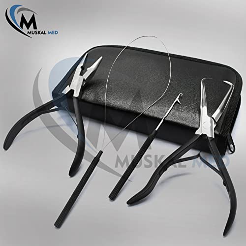 Professional Hair Extension & Beading Tool Kit Remove Plier Set for beads (4 Piece) I-Link Micro Ring Loop Needle Pulling Hook Threader Wire for Silicone Rings (Black) - color: Black