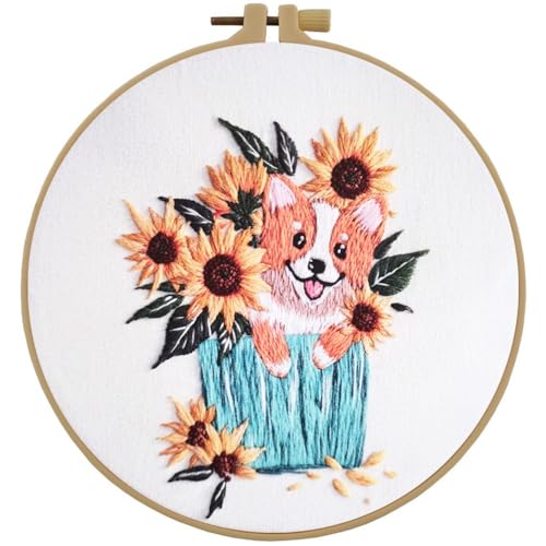 Esffaci Embroidery Starter Kit for Adult Beginner with Dog Sunflower Pattern Hand Embroidery Set with Embroidery Cloth Hoop Needle Threader Embroidery Floss and Instruction - color: Dog