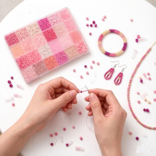24 Grid Pink Glass Seed Bugle Tube Beads Kit for Jewelry Making DIY Craft - color: pink, size: 24 Grid