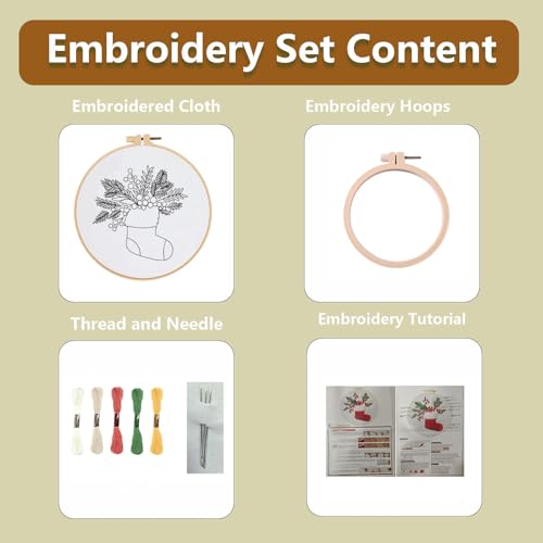 JCBCKJ Christmas Embroidery Beginner Set - A Cross Stitch Set Suitable for Beginners, with Step-By-Step Guide, Pre Printed Fabric, Christmas Sock Gift Pattern Embroidery