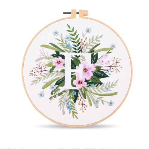 Harimau Letter F Pattern Embroidery Kit for Adult Beginners, Complete Starter Pack with 1 Hoop, Needles, Instruction Guide & Embroidery Stitch Video Tutorials - color: F