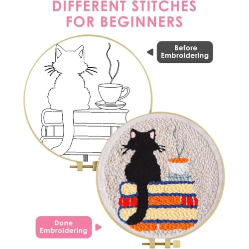 Punch Needle Kit for Beginners Adults-Cat Coffee, with Embroidery Hoop - color: Punch Needle kit-Cat Coffee