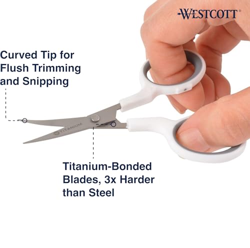 Westcott 4" Embroidery Scissors with Curved Titanium-Bonded Blades for Flush Trimming, Crafting, Sewing & More (White/Gray) - size: 1 Count (Pack of 1), style: 4" Embroidery Scissors